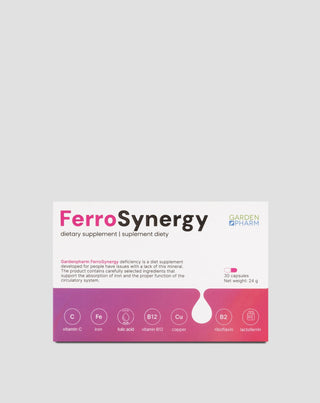 Voedingssupplement voor ijzertekort ter ondersteuning van de opname met vitamine C, B12 en foliumzuur Gardenpharm FerroSynergy 30 stuks. - 1