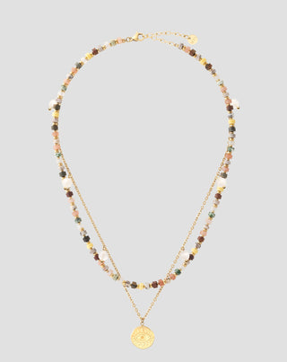 Vergulde ketting met natuurlijke stenen agaat, maifan, jaspis, jade en aventurijn. - 1